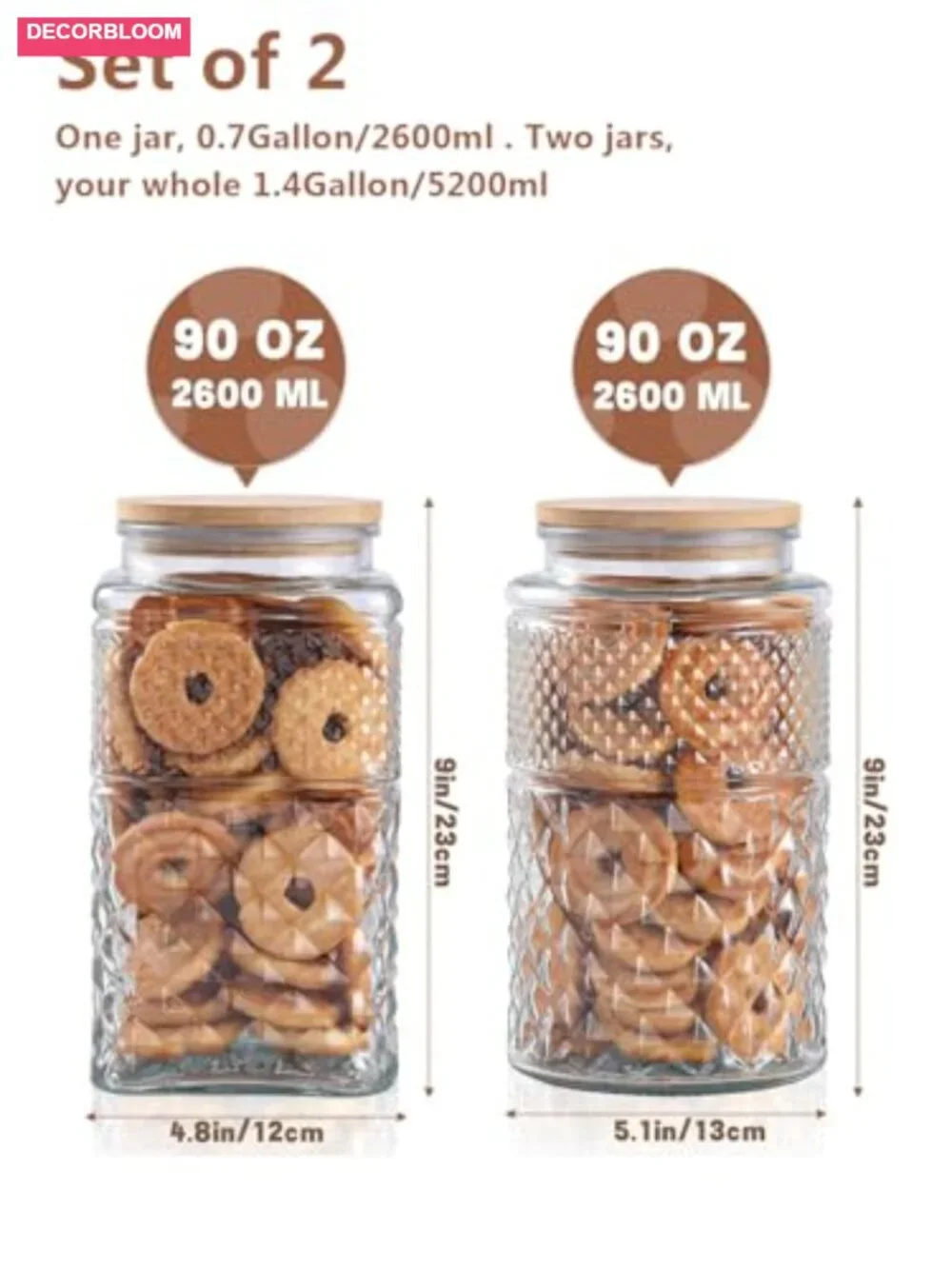 Set of 2 Borosilicate Glass Jars with Airtight Bamboo Lids, 90 oz Each